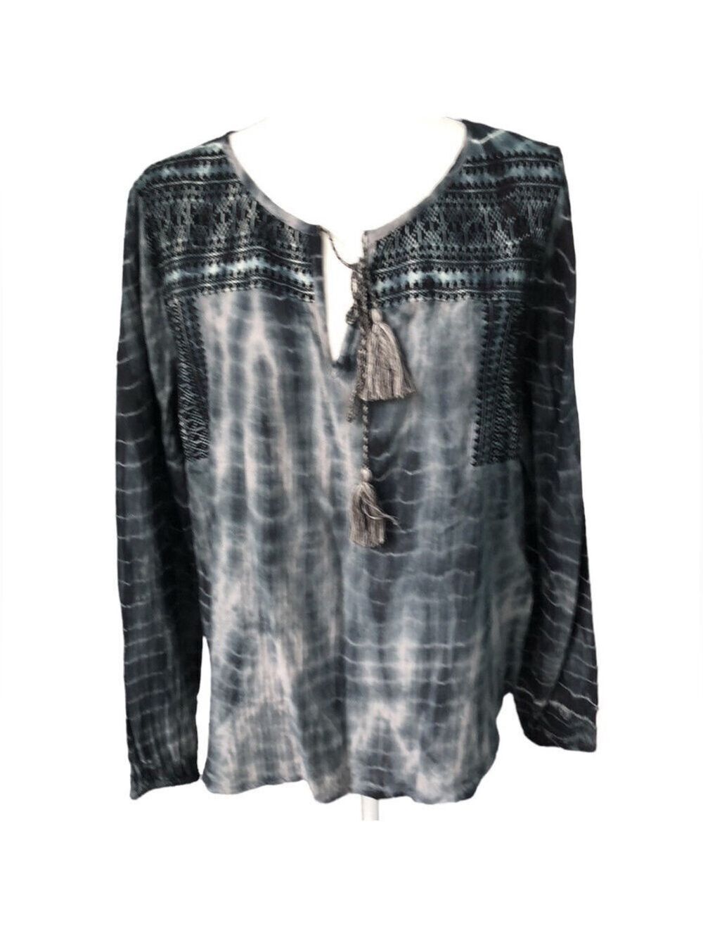 Lovestitch Boho  Indigo Blue Long Sleeve Embroidered Tie Dye Peasant Top Large